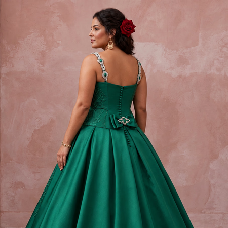 Plus Size Emerald Green Silk Mikado Dropped Waist Ball Gown