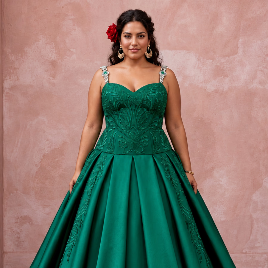 Plus Size Emerald Green Silk Mikado Dropped Waist Ball Gown