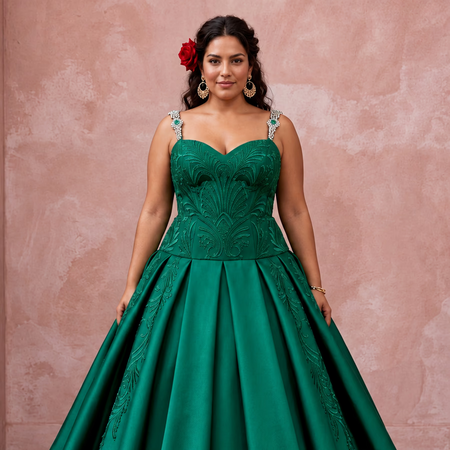 Plus Size Emerald Green Silk Mikado Dropped Waist Ball Gown