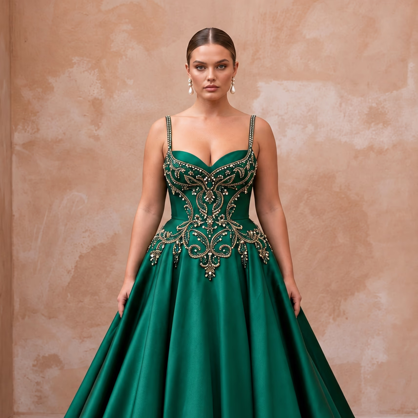 Plus Size Emerald Green Silk Mikado Dropped Waist Ball Gown