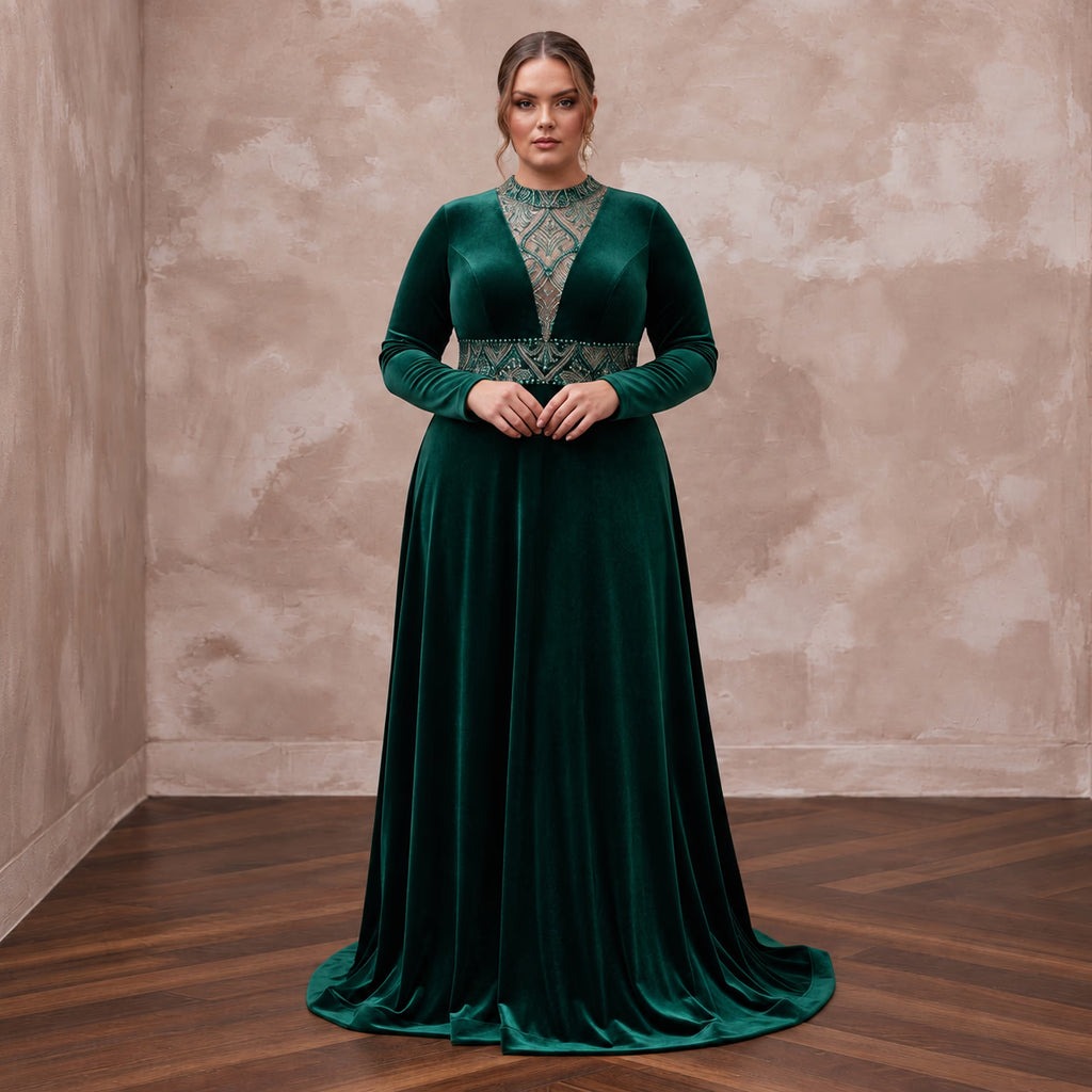 Plus Size Emerald Green Velvet Long Sleeve Maxi Prom Gown