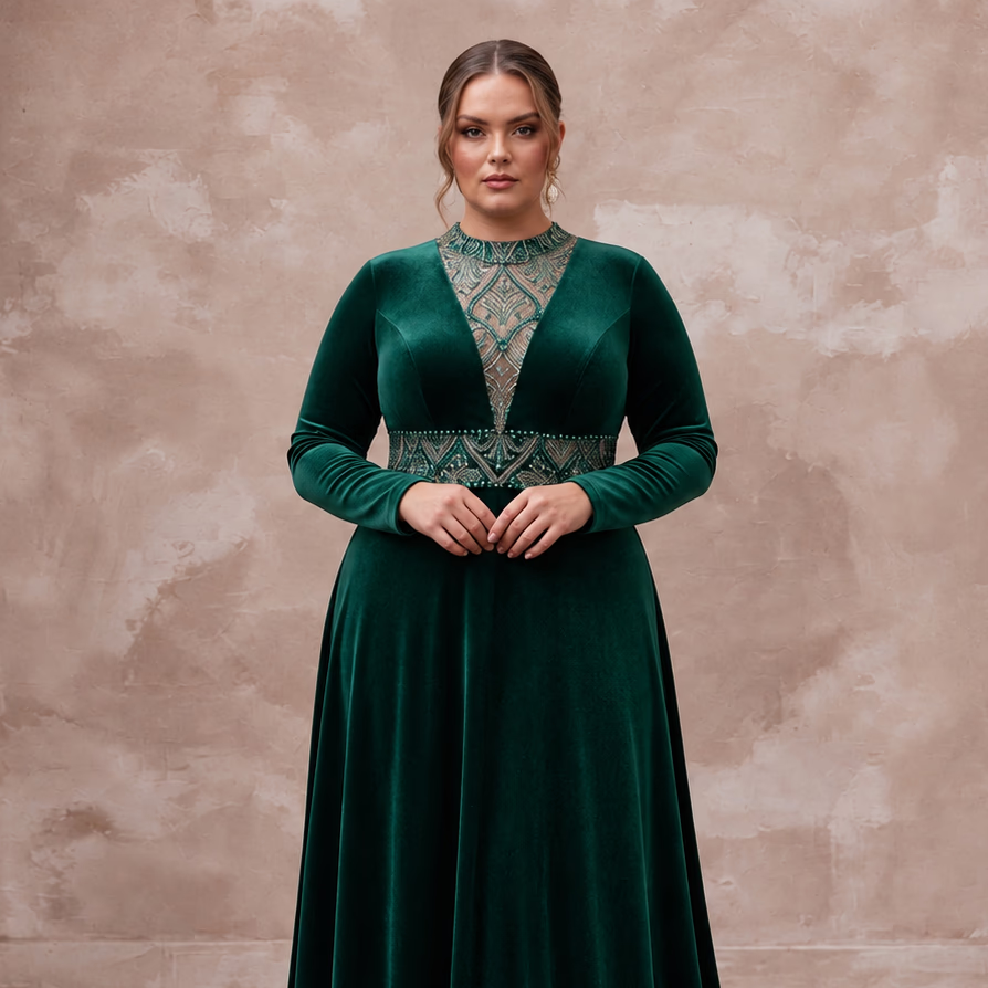 Plus Size Emerald Green Velvet Long Sleeve Maxi Prom Gown