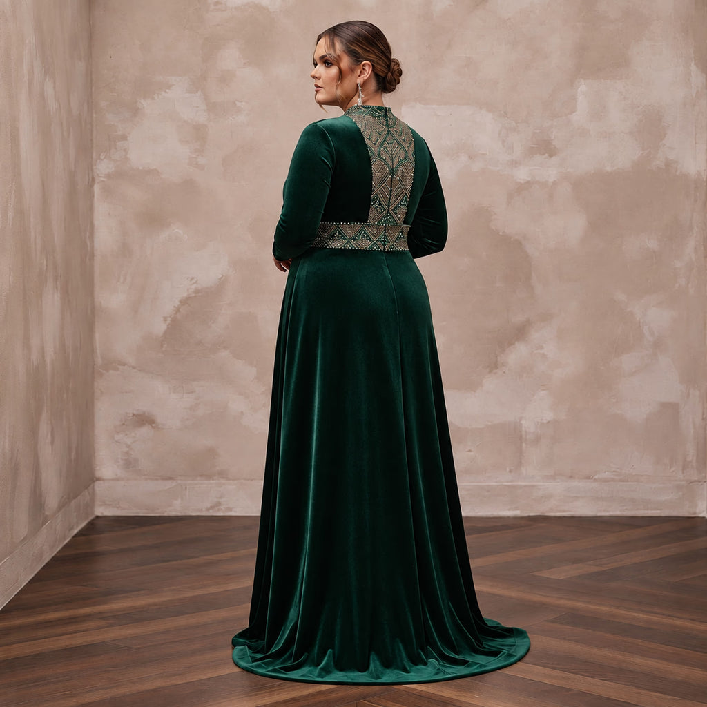 Plus Size Emerald Green Velvet Long Sleeve Maxi Prom Gown
