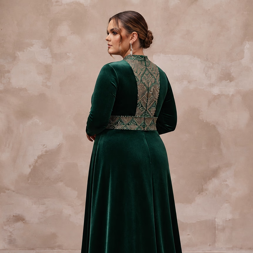 Plus Size Emerald Green Velvet Long Sleeve Maxi Prom Gown