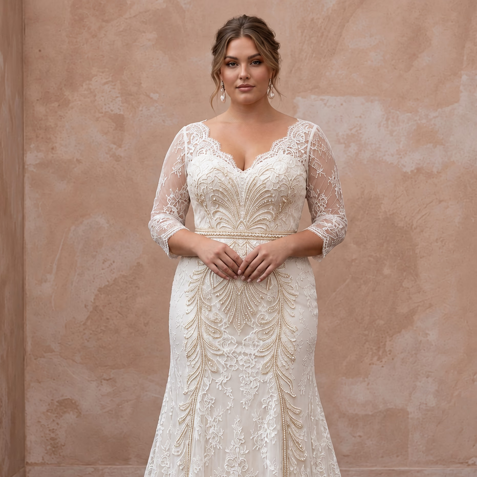 Plus Size Ivory Chantilly Lace Overlay V-Neck Fit-and-Flare Gown