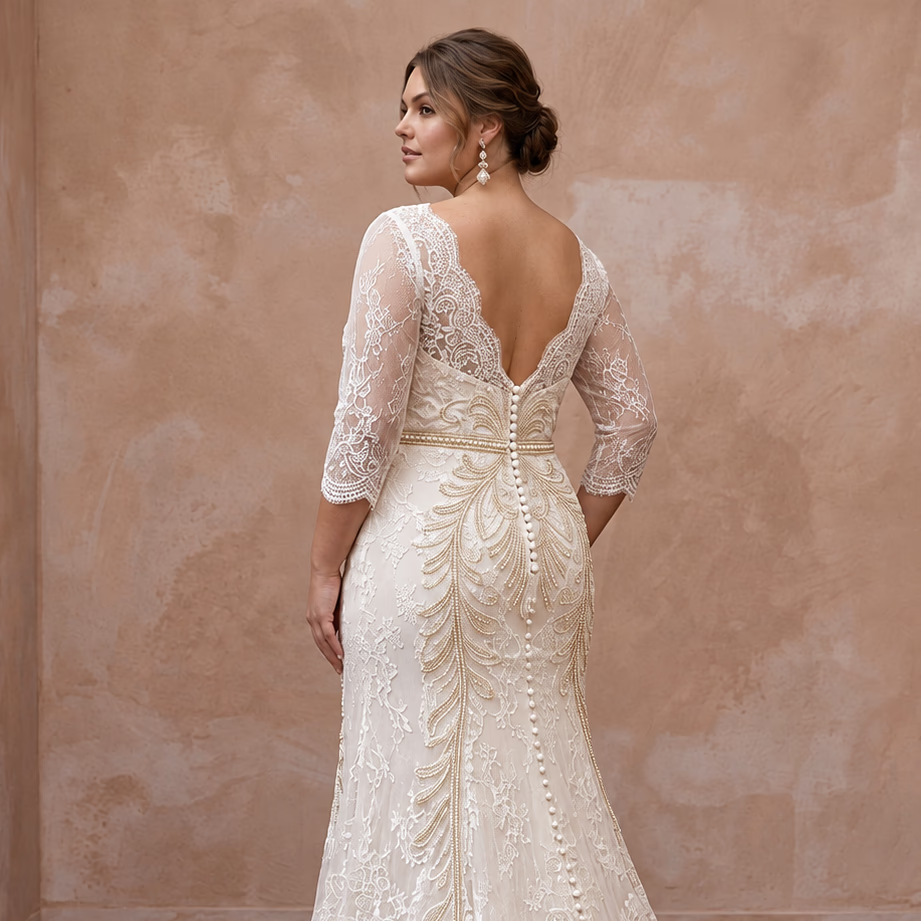 Plus Size Ivory Chantilly Lace Overlay V-Neck Fit-and-Flare Gown