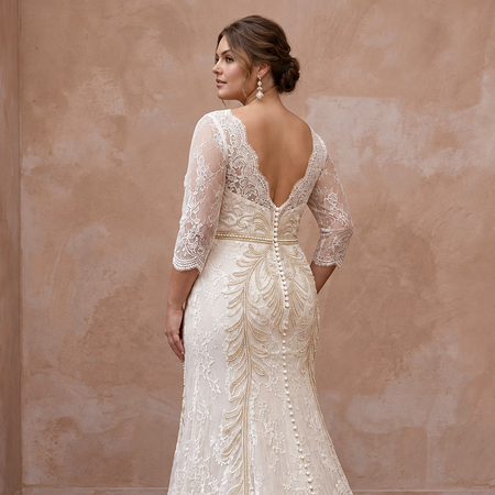 Plus Size Ivory Chantilly Lace Overlay V-Neck Fit-and-Flare Gown