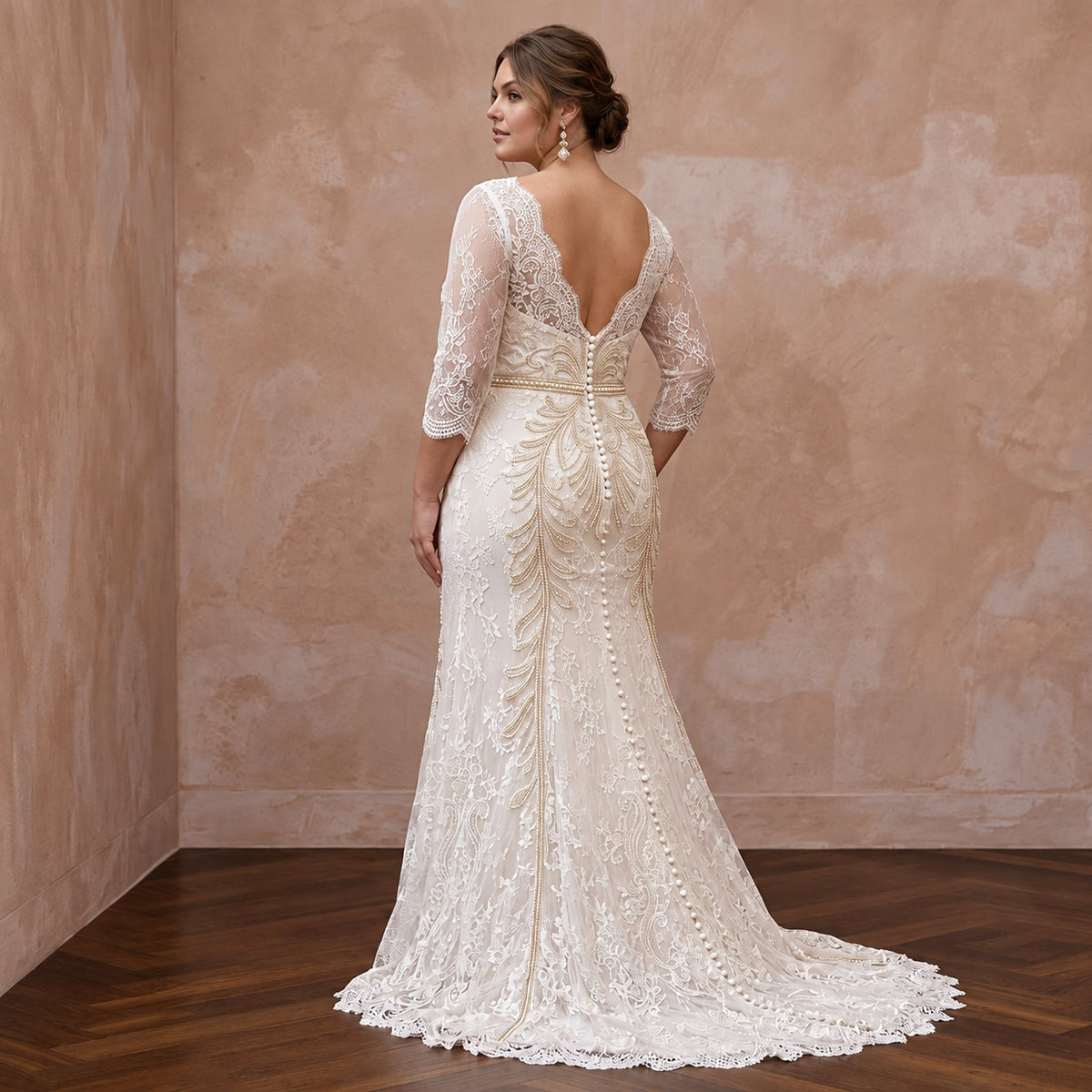 Plus Size Ivory Chantilly Lace Overlay V-Neck Fit-and-Flare Gown