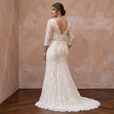 Plus Size Ivory Chantilly Lace Overlay V-Neck Fit-and-Flare Gown