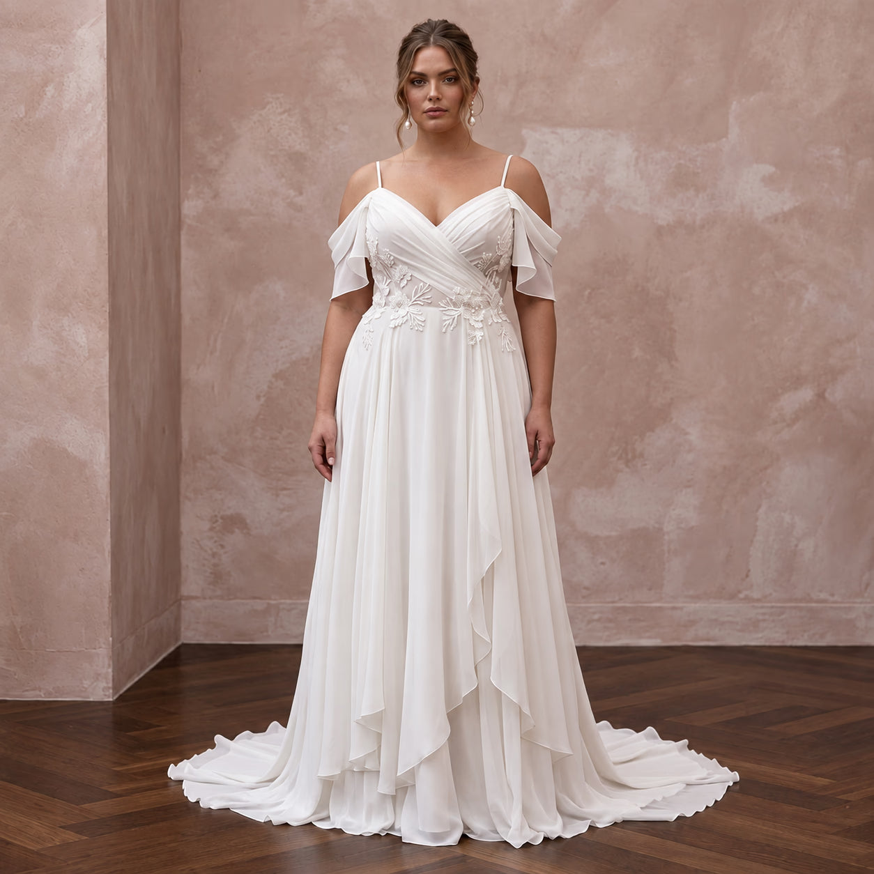 Plus Size Ivory Chiffon Cold Shoulder Flowing Beach Bridal Gown - Apparel & Accessories > Clothing > Wedding & Bridal Party Dresses > Wedding Dresses - Mignonette Bridal