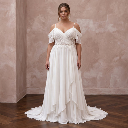 Plus Size Ivory Chiffon Cold Shoulder Flowing Beach Bridal Gown - Apparel & Accessories > Clothing > Wedding & Bridal Party Dresses > Wedding Dresses - Mignonette Bridal