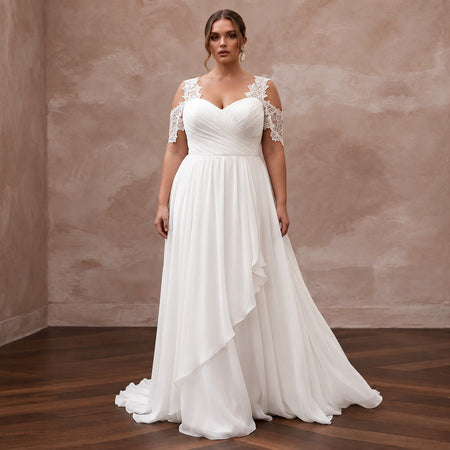 Plus Size Ivory Chiffon Cold Shoulder Flowing Beach Bridal Gown