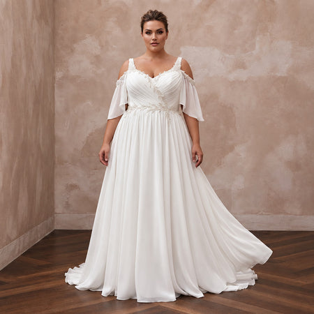 Plus Size Ivory Chiffon Cold Shoulder Flowing Beach Bridal Gown