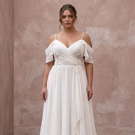 Plus Size Ivory Chiffon Cold Shoulder Flowing Beach Bridal Gown - Apparel & Accessories > Clothing > Wedding & Bridal Party Dresses > Wedding Dresses - Mignonette Bridal
