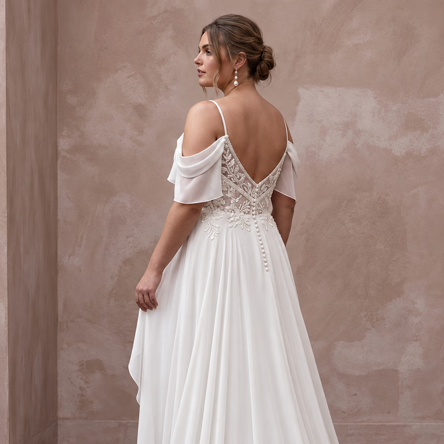 Plus Size Ivory Chiffon Cold Shoulder Flowing Beach Bridal Gown - Apparel & Accessories > Clothing > Wedding & Bridal Party Dresses > Wedding Dresses - Mignonette Bridal