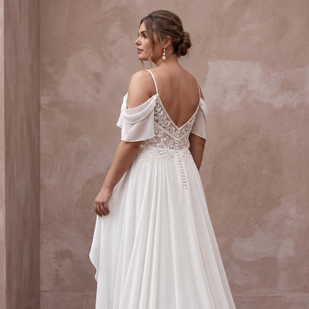 Plus Size Ivory Chiffon Cold Shoulder Flowing Beach Bridal Gown - Apparel & Accessories > Clothing > Wedding & Bridal Party Dresses > Wedding Dresses - Mignonette Bridal