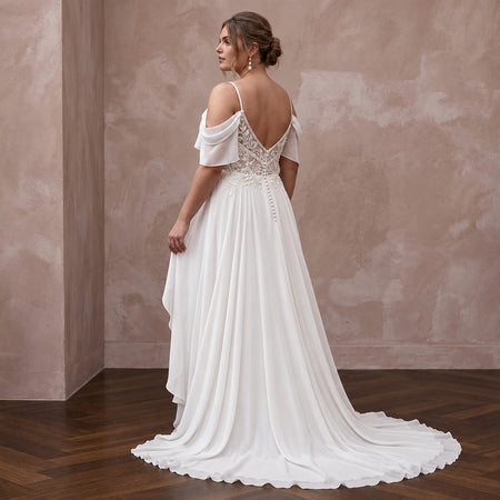 Plus Size Ivory Chiffon Cold Shoulder Flowing Beach Bridal Gown - Apparel & Accessories > Clothing > Wedding & Bridal Party Dresses > Wedding Dresses - Mignonette Bridal