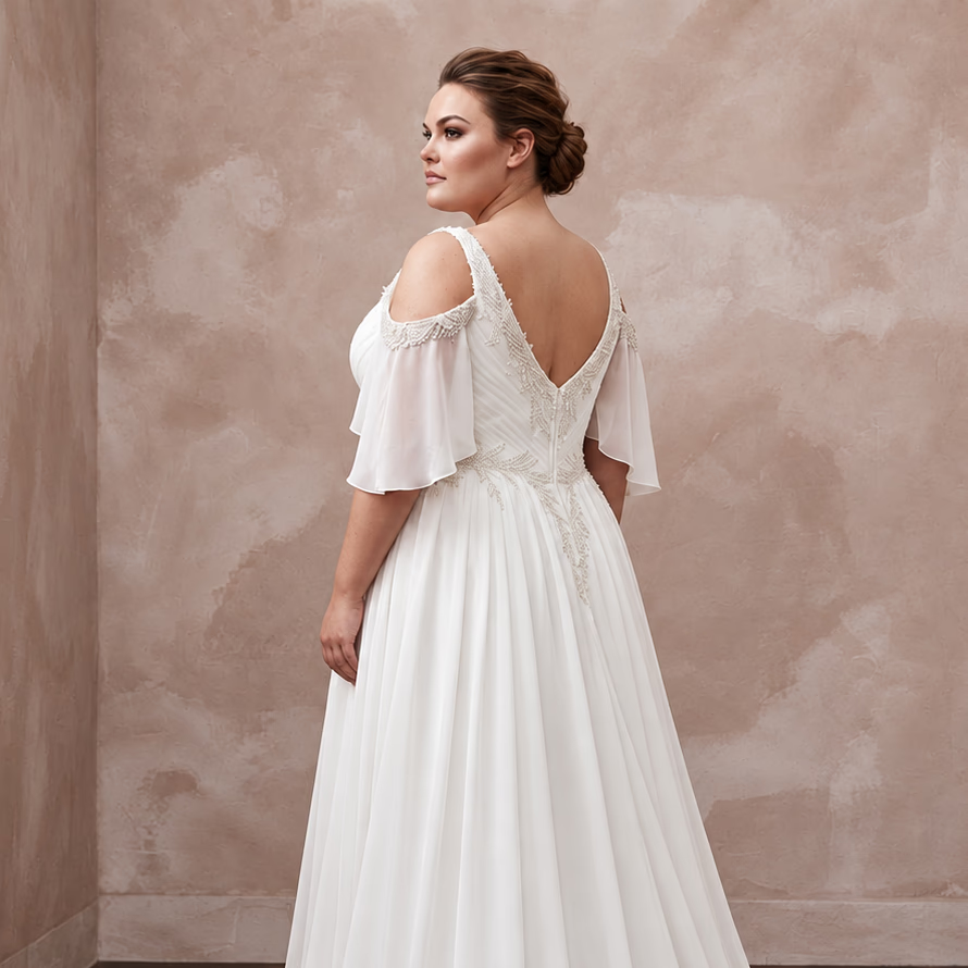 Plus Size Ivory Chiffon Cold Shoulder Flowing Beach Bridal Gown