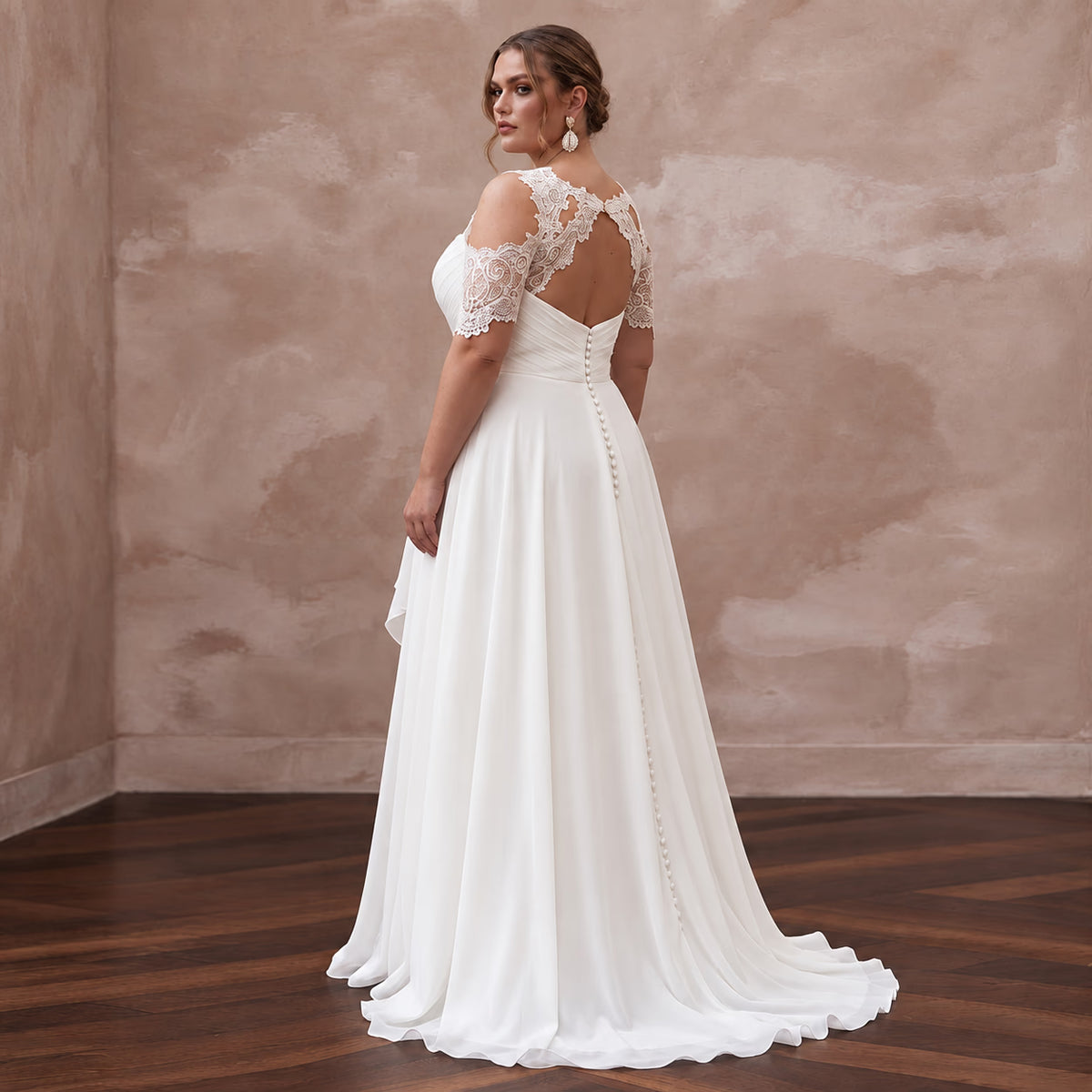 Plus Size Ivory Chiffon Cold Shoulder Flowing Beach Bridal Gown