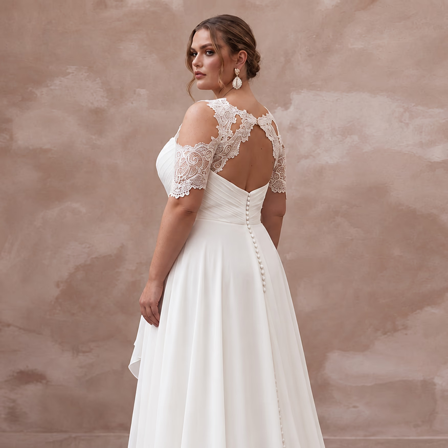 Plus Size Ivory Chiffon Cold Shoulder Flowing Beach Bridal Gown