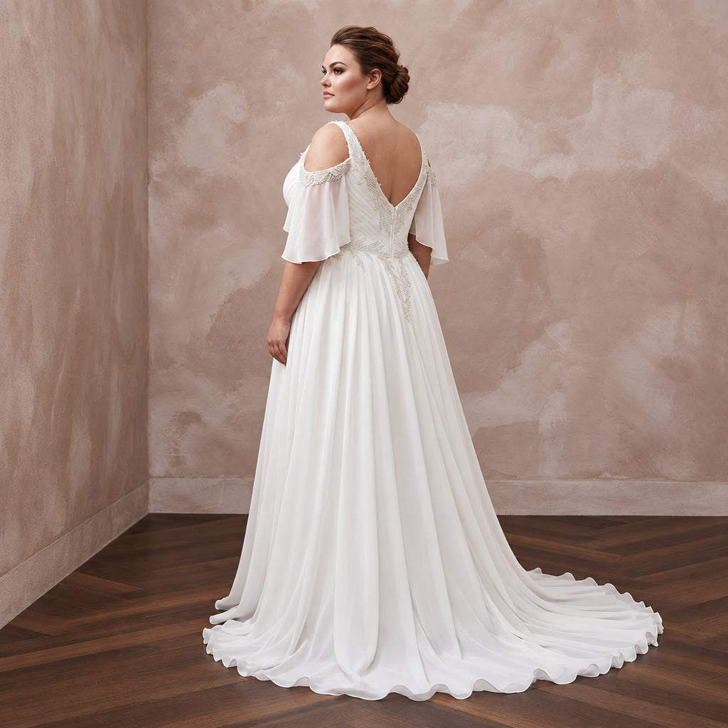 Plus Size Ivory Chiffon Cold Shoulder Flowing Beach Bridal Gown