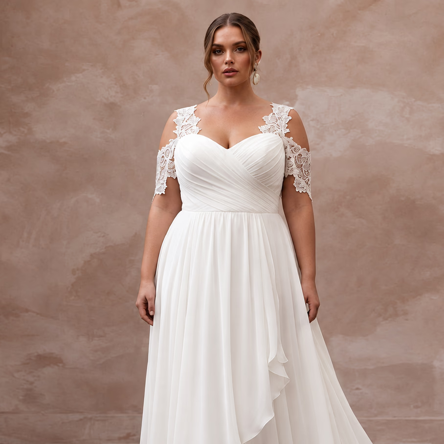 Plus Size Ivory Chiffon Cold Shoulder Flowing Beach Bridal Gown