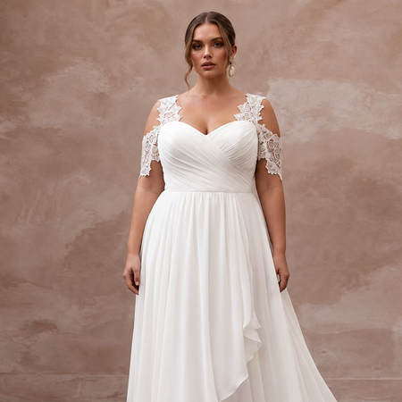 Plus Size Ivory Chiffon Cold Shoulder Flowing Beach Bridal Gown