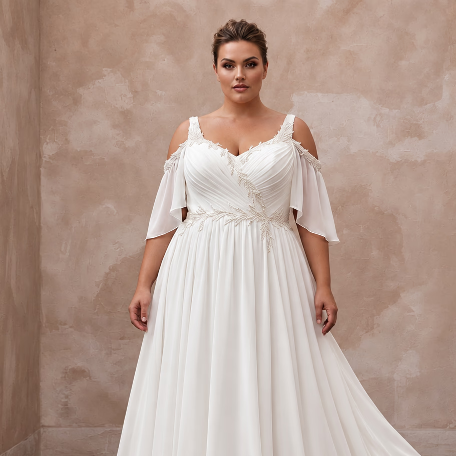Plus Size Ivory Chiffon Cold Shoulder Flowing Beach Bridal Gown
