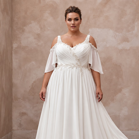 Plus Size Ivory Chiffon Cold Shoulder Flowing Beach Bridal Gown