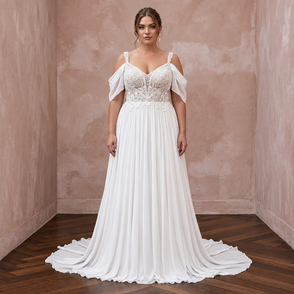 Plus Size Ivory Chiffon Cold Shoulder Flowing Wedding Dress
