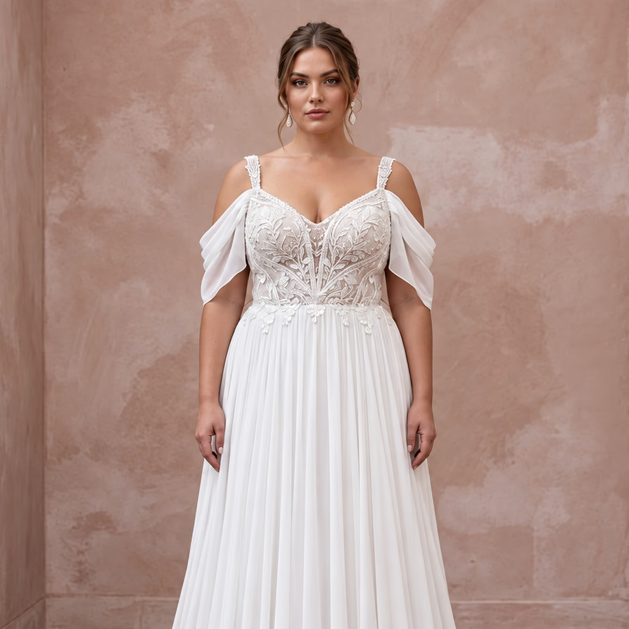 Plus Size Ivory Chiffon Cold Shoulder Flowing Wedding Dress