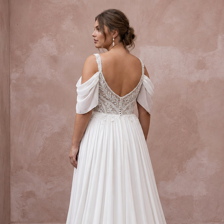Plus Size Ivory Chiffon Cold Shoulder Flowing Wedding Dress