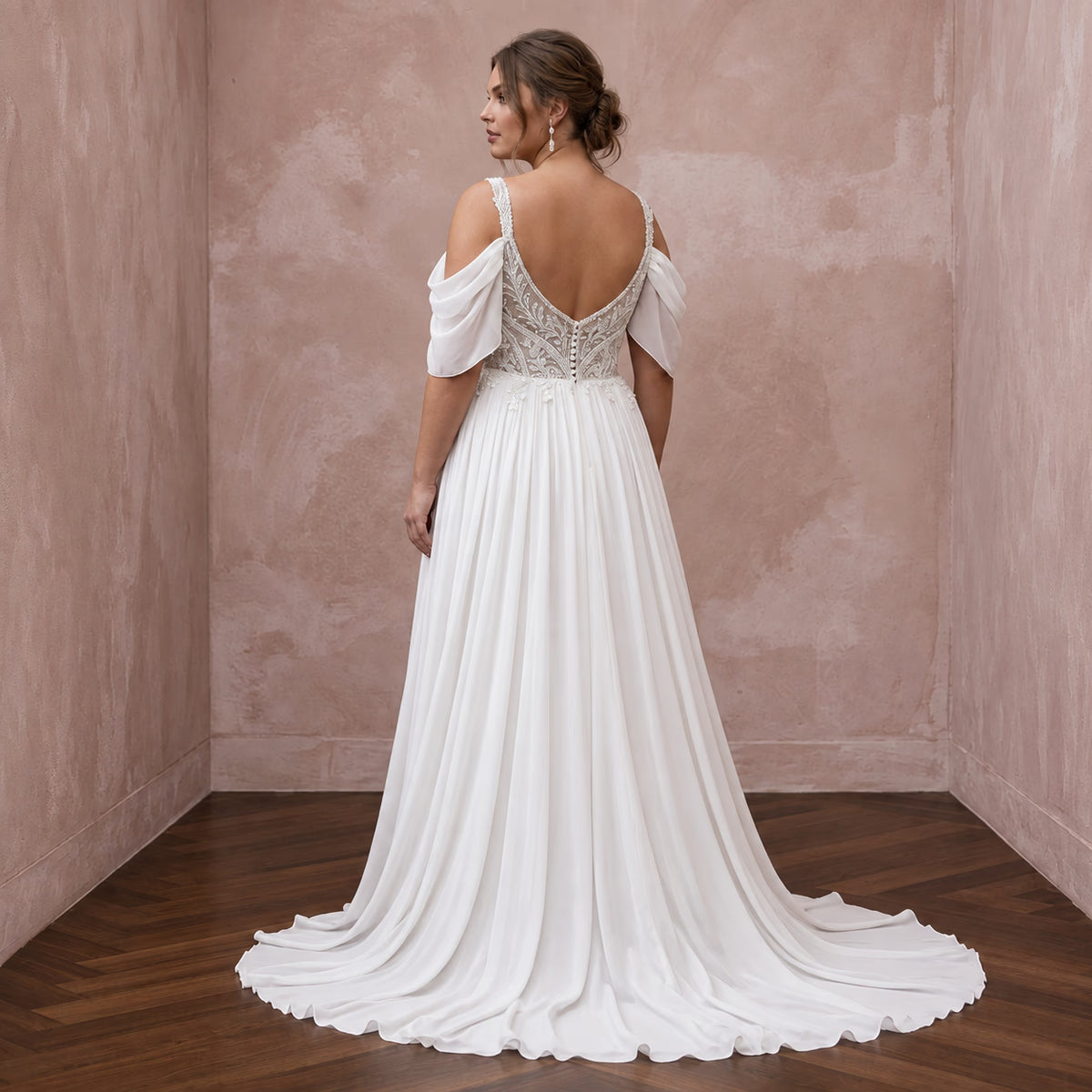 Plus Size Ivory Chiffon Cold Shoulder Flowing Wedding Dress