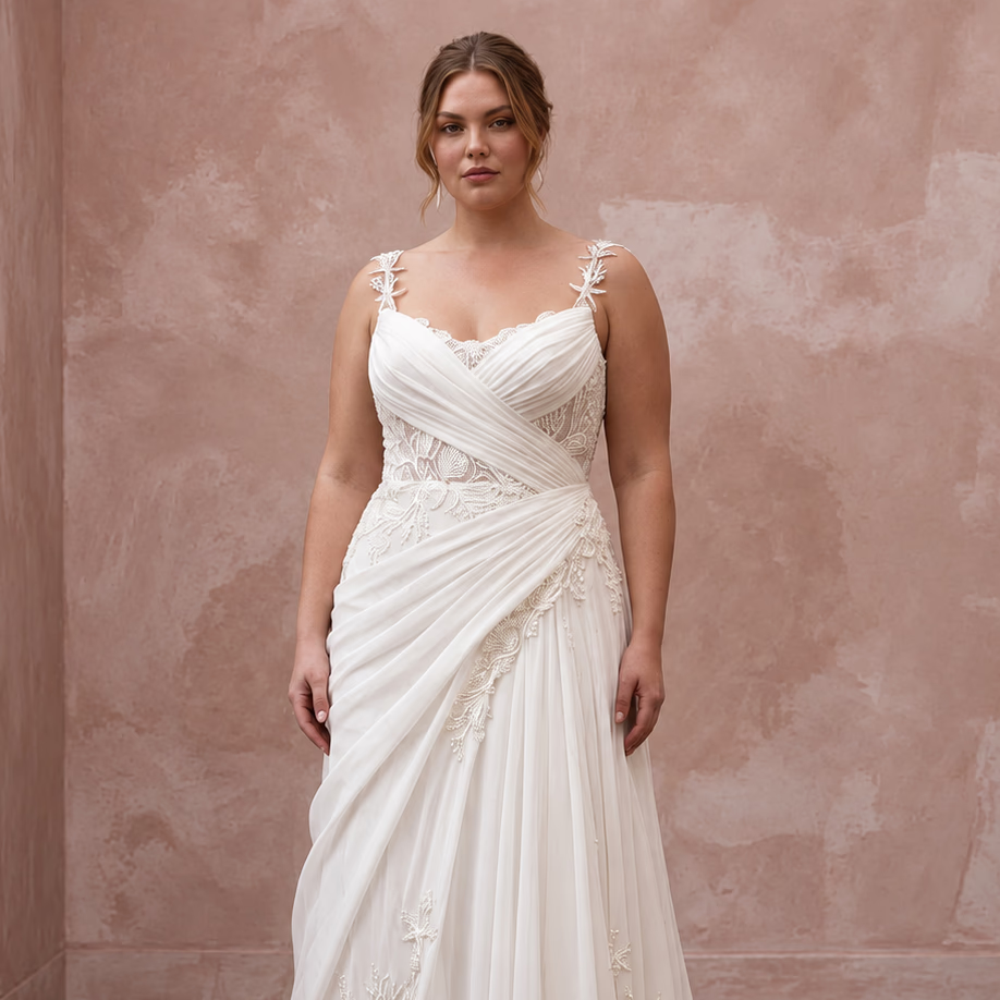 Plus Size Ivory Chiffon Draped Bodice A-Line Beach Bridal Gown