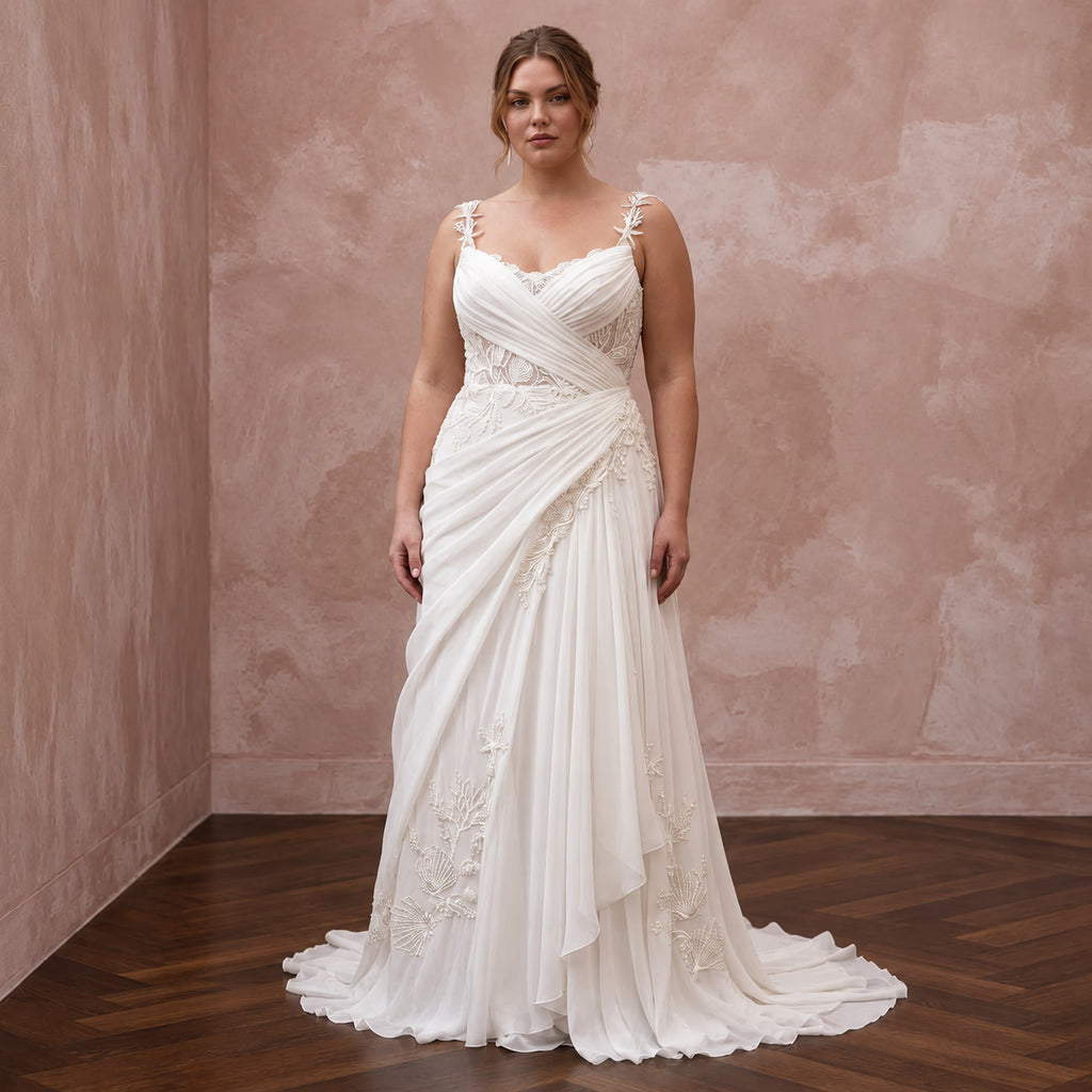 Plus Size Ivory Chiffon Draped Bodice A-Line Beach Bridal Gown