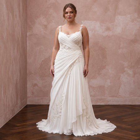 Plus Size Ivory Chiffon Draped Bodice A-Line Beach Bridal Gown