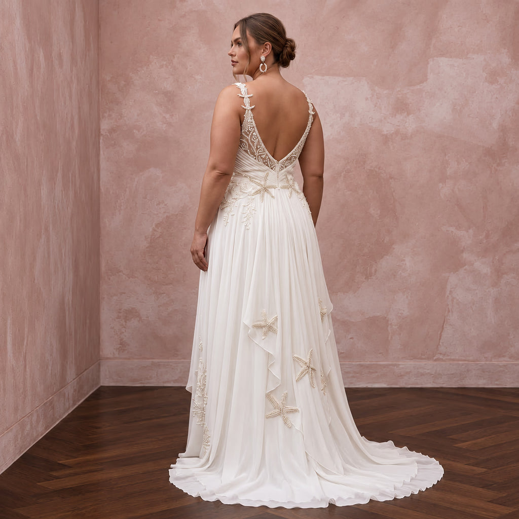 Plus Size Ivory Chiffon Draped Bodice A-Line Beach Bridal Gown