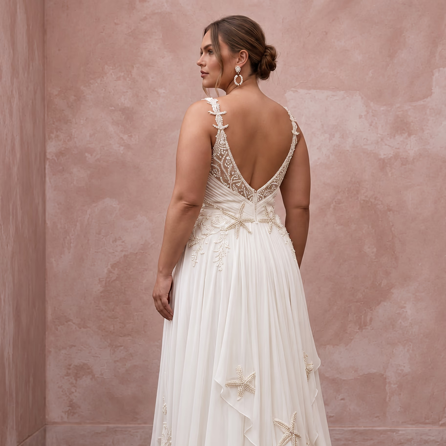 Plus Size Ivory Chiffon Draped Bodice A-Line Beach Bridal Gown
