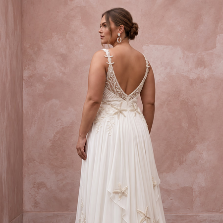 Plus Size Ivory Chiffon Draped Bodice A-Line Beach Bridal Gown