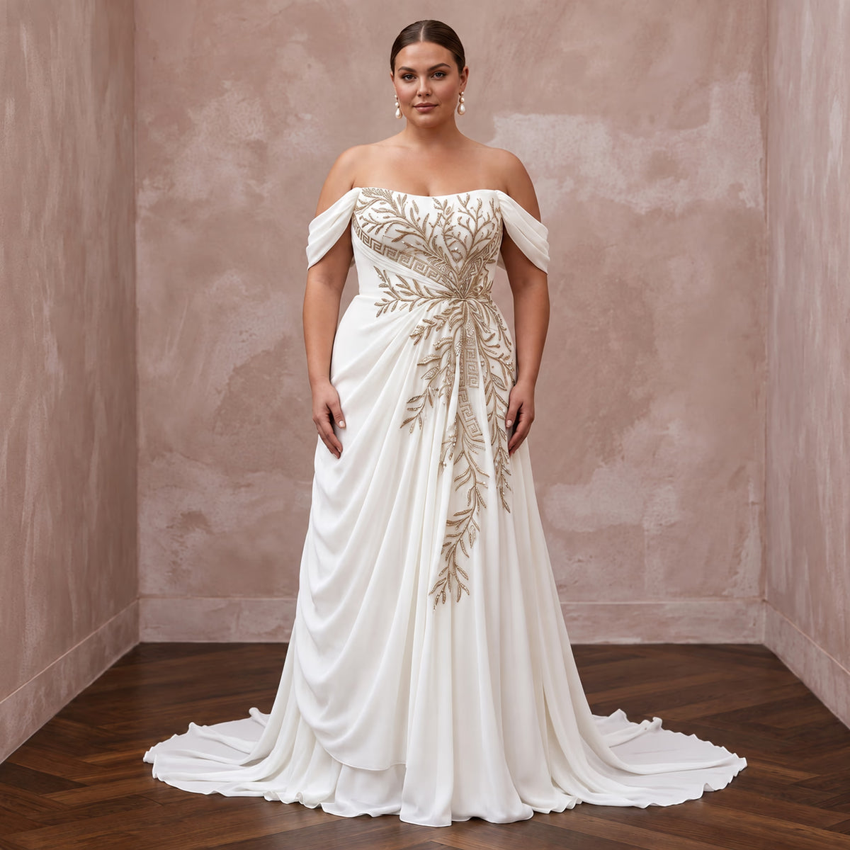 Plus Size Ivory Chiffon Off-the-Shoulder Grecian Destination Gown