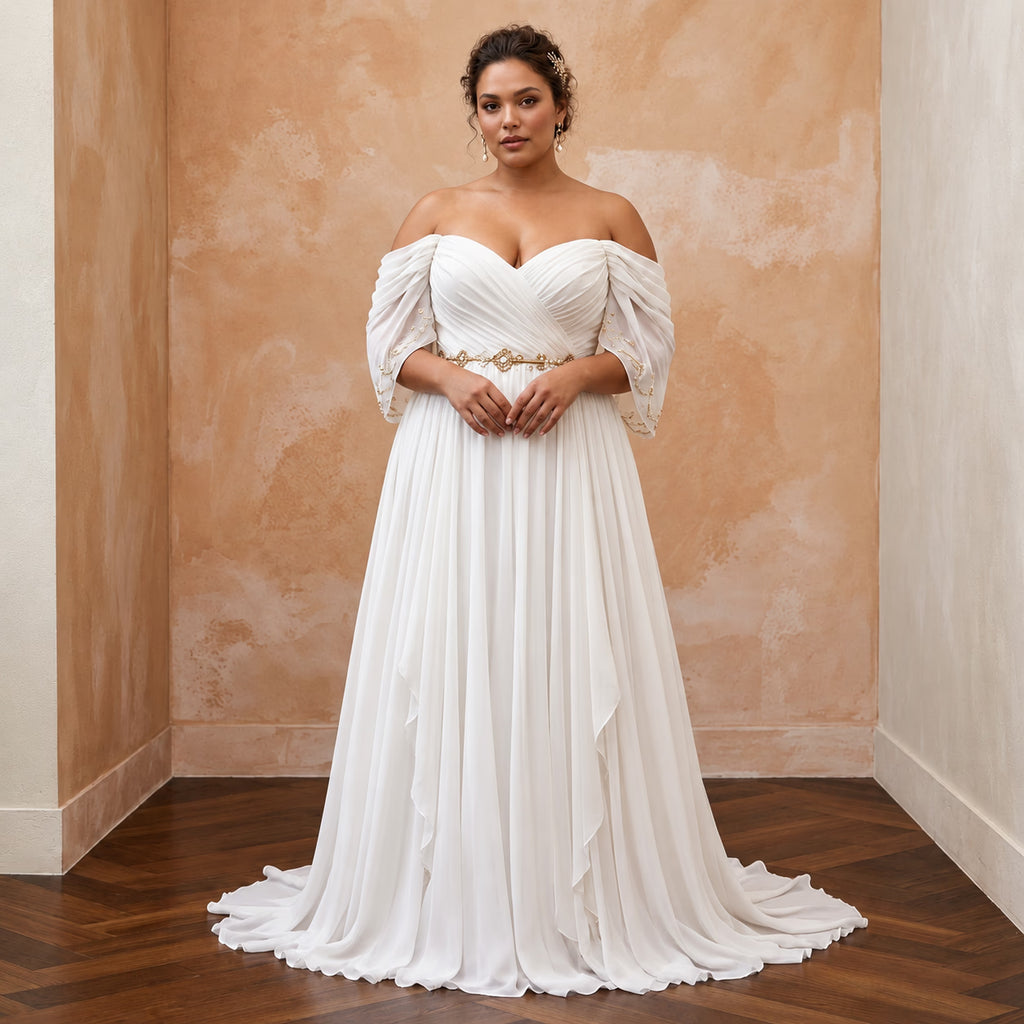 Plus Size Ivory Chiffon Off-the-Shoulder Grecian Destination Gown