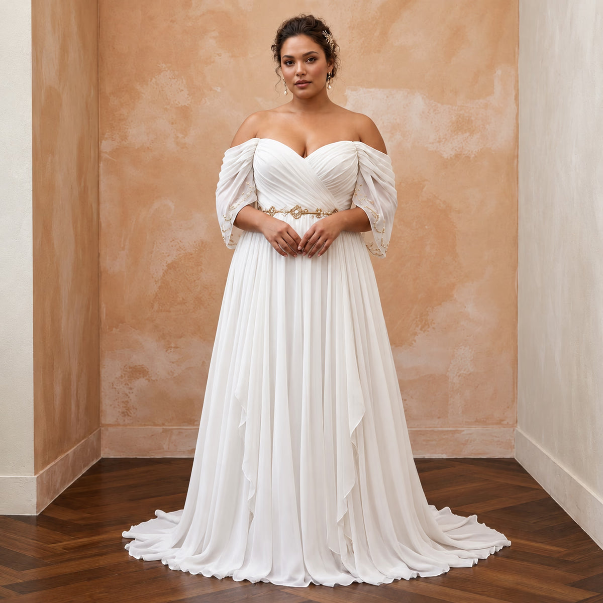 Plus Size Ivory Chiffon Off-the-Shoulder Grecian Destination Gown