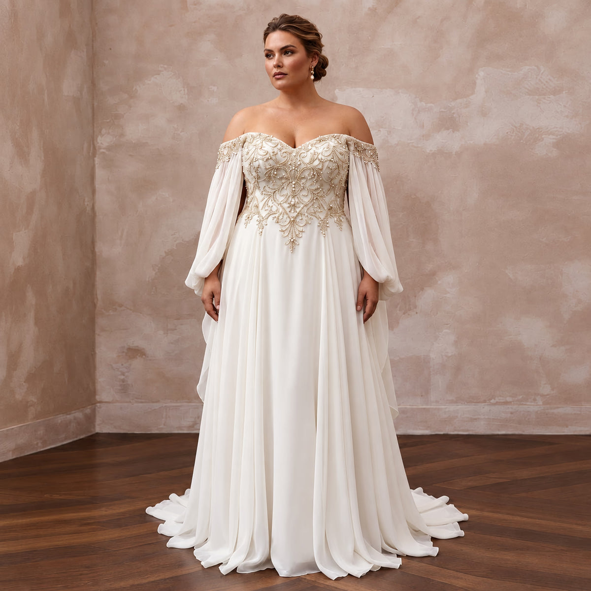 Plus Size Ivory Chiffon Off - the - Shoulder Grecian Destination Gown - Apparel & Accessories > Clothing > Wedding & Bridal Party Dresses > Wedding Dresses - Mignonette Bridal