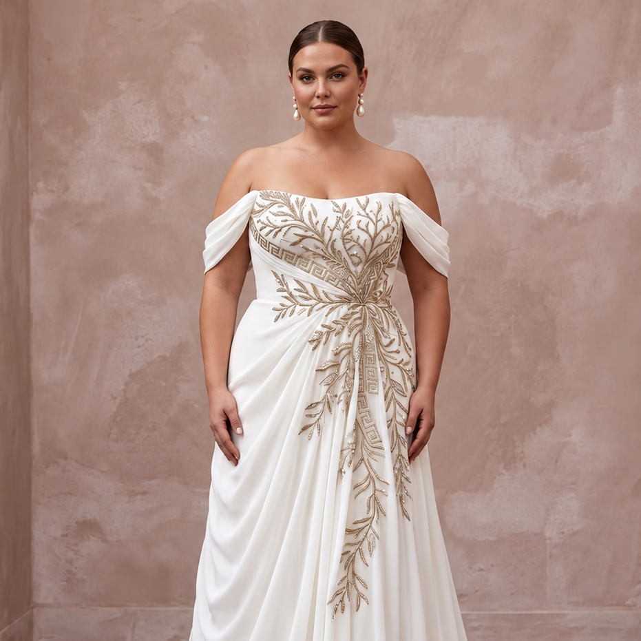 Plus Size Ivory Chiffon Off-the-Shoulder Grecian Destination Gown