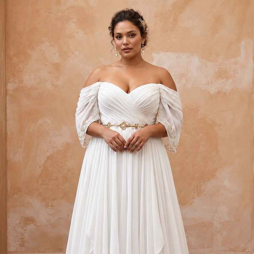 Plus Size Ivory Chiffon Off-the-Shoulder Grecian Destination Gown