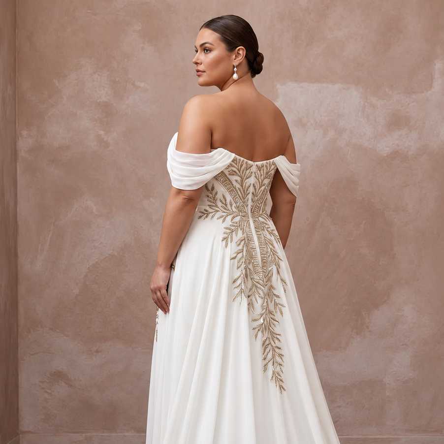 Plus Size Ivory Chiffon Off-the-Shoulder Grecian Destination Gown