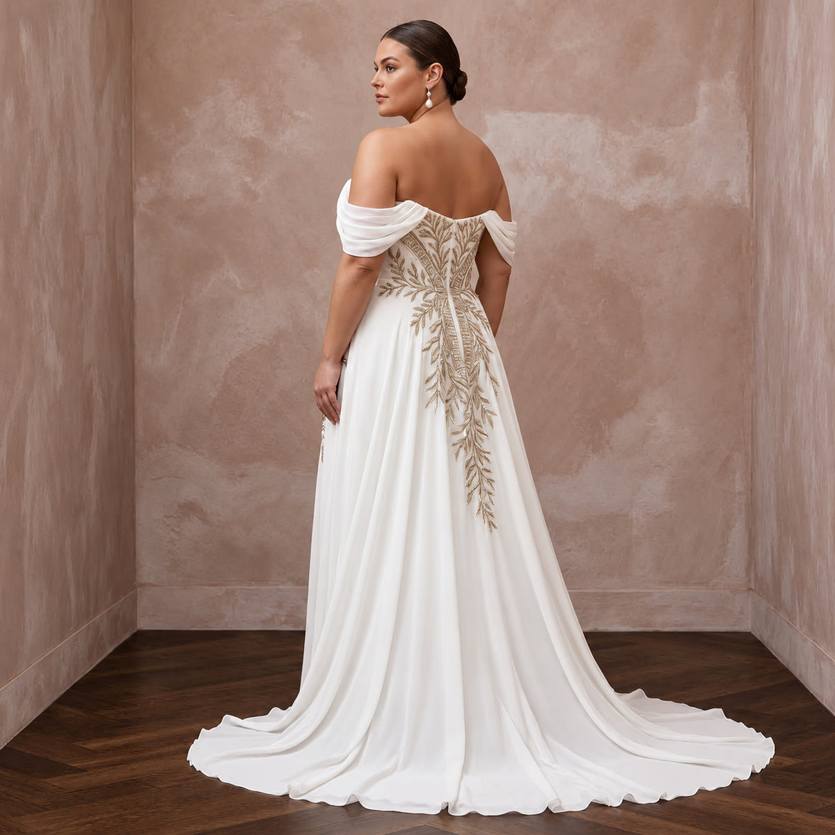 Plus Size Ivory Chiffon Off-the-Shoulder Grecian Destination Gown