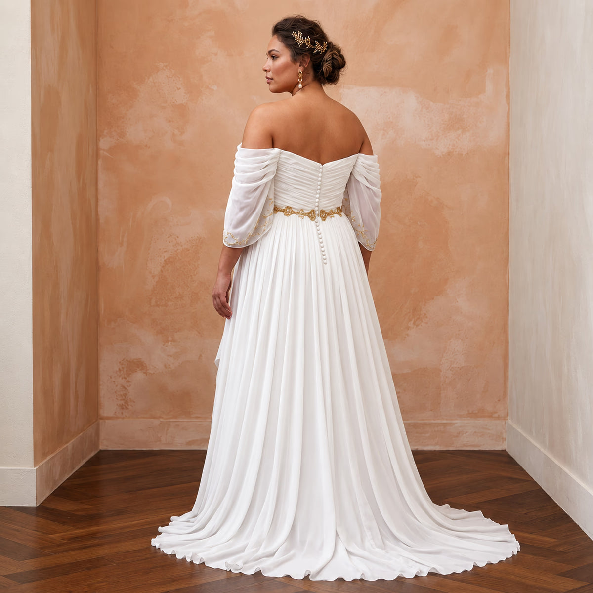 Plus Size Ivory Chiffon Off-the-Shoulder Grecian Destination Gown