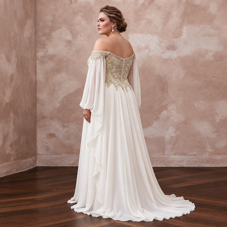 Plus Size Ivory Chiffon Off - the - Shoulder Grecian Destination Gown - Apparel & Accessories > Clothing > Wedding & Bridal Party Dresses > Wedding Dresses - Mignonette Bridal