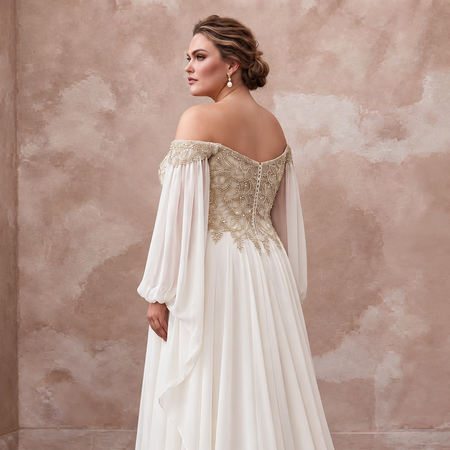Plus Size Ivory Chiffon Off - the - Shoulder Grecian Destination Gown - Apparel & Accessories > Clothing > Wedding & Bridal Party Dresses > Wedding Dresses - Mignonette Bridal